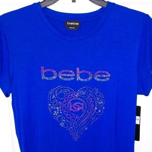 Bebe Crystal Logo Heart Design Blue Tee ~ Sz L NWT